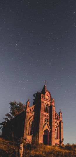 [2436x1125]建筑 教堂 十字架 星空 夜景 苹果手机壁纸图片