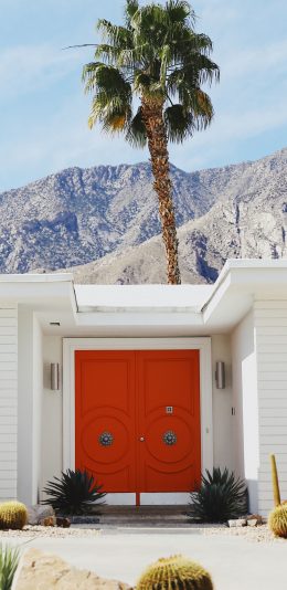 [2436x1125]建筑 椰树 山峰 蓝天 苹果手机壁纸图片