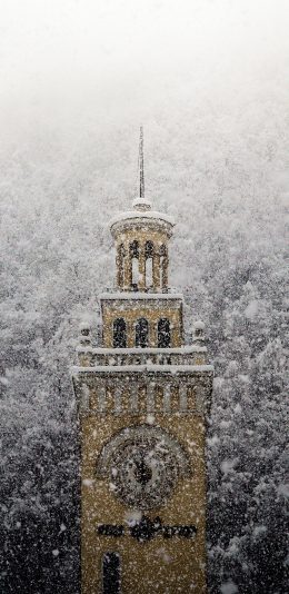 [2436x1125]建筑 钟楼 下雪 覆盖 苹果手机壁纸图片