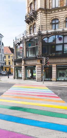 [2436x1125]彩虹 街道 人行道 建筑 苹果手机壁纸图片