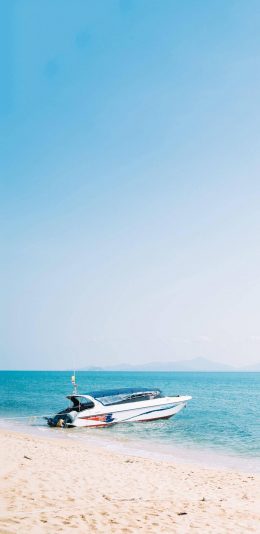 [2436x1125]快艇 船 海边 沙滩 蓝色 苹果手机壁纸图片