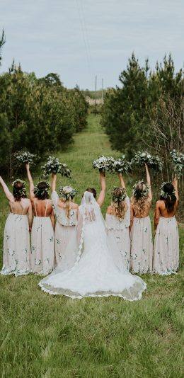 [2436x1125]户外 草地 婚礼 婚纱 礼服 伴娘团 苹果手机壁纸图片