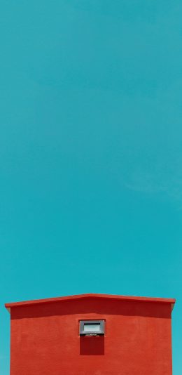 [2436x1125]房子 建筑 红色 蓝色背景 苹果手机壁纸图片