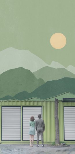 [2436x1125]摄影 人物 背影 绿色系（取自微博：尼脑子瓦特啦） 苹果手机壁纸图片