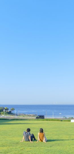 [2436x1125]摄影 草坪 大海 夏日 美景 苹果手机壁纸图片