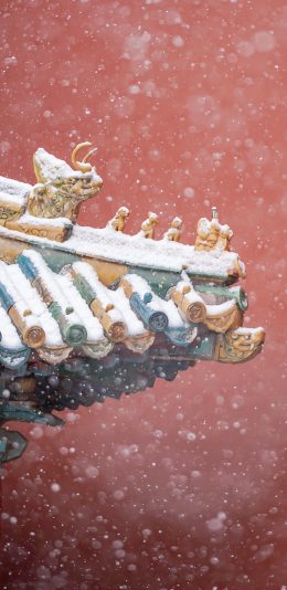 [2436x1125]故宫 下雪 冬季 屋檐 红色 建筑 苹果手机壁纸图片