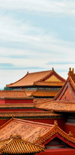 [2436x1125]故宫 屋檐 屋顶 瓦片 红墙 天空 苹果手机壁纸图片