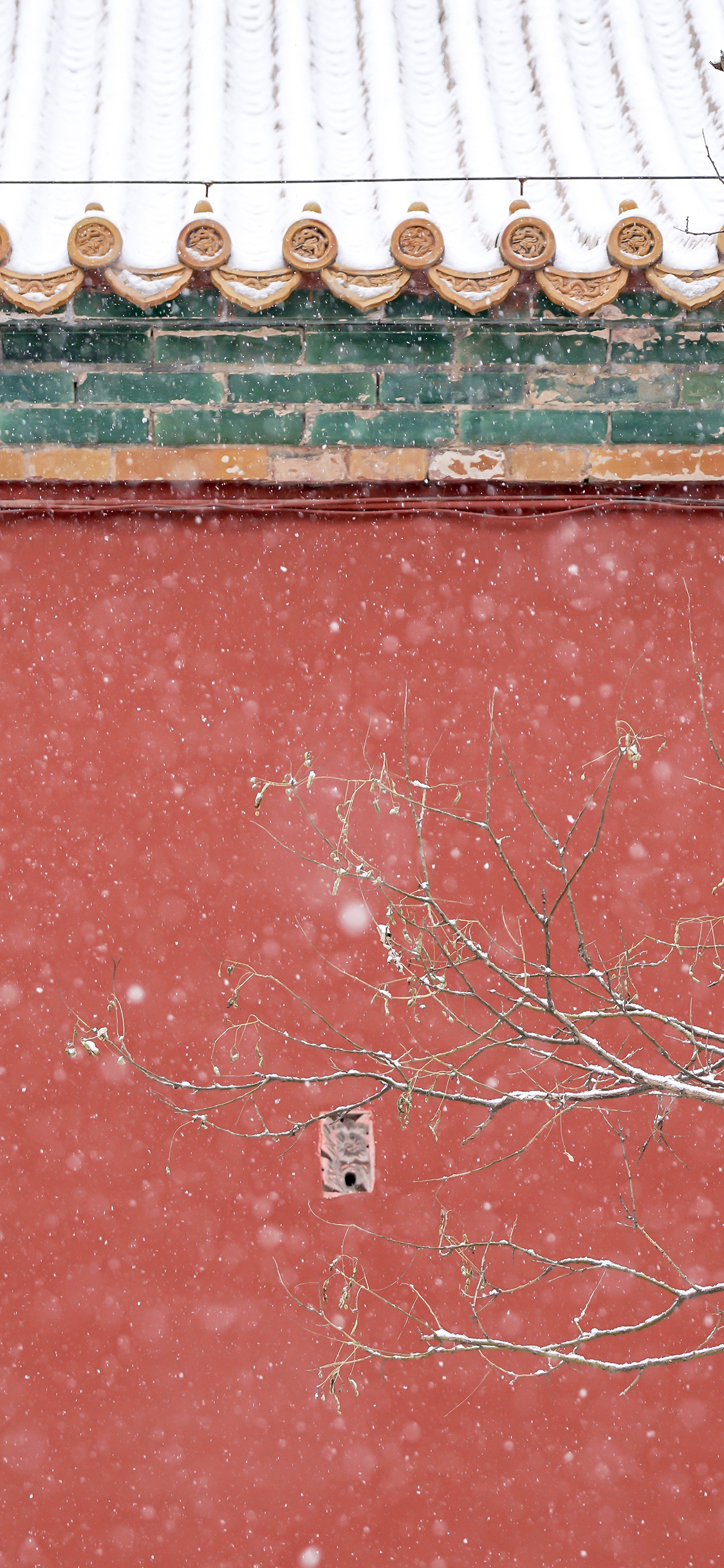 [2436×1125]故宫 瓦片 建筑 红色 下雪 紫禁城 苹果手机壁纸图片