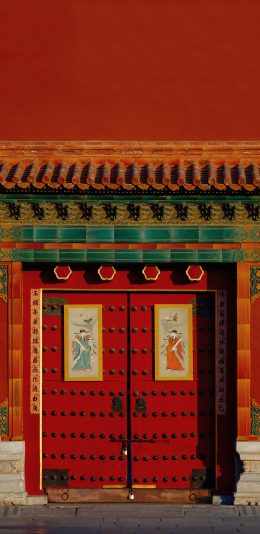[2436x1125]故宫 瓦片 建筑 门 红色 苹果手机壁纸图片