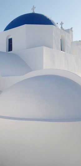 [2436x1125]教堂 蓝白 圣托里尼 十字架 希腊 爱情海 苹果手机壁纸图片