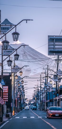 [2436x1125]日本 街道 城市 富士山 苹果手机壁纸图片