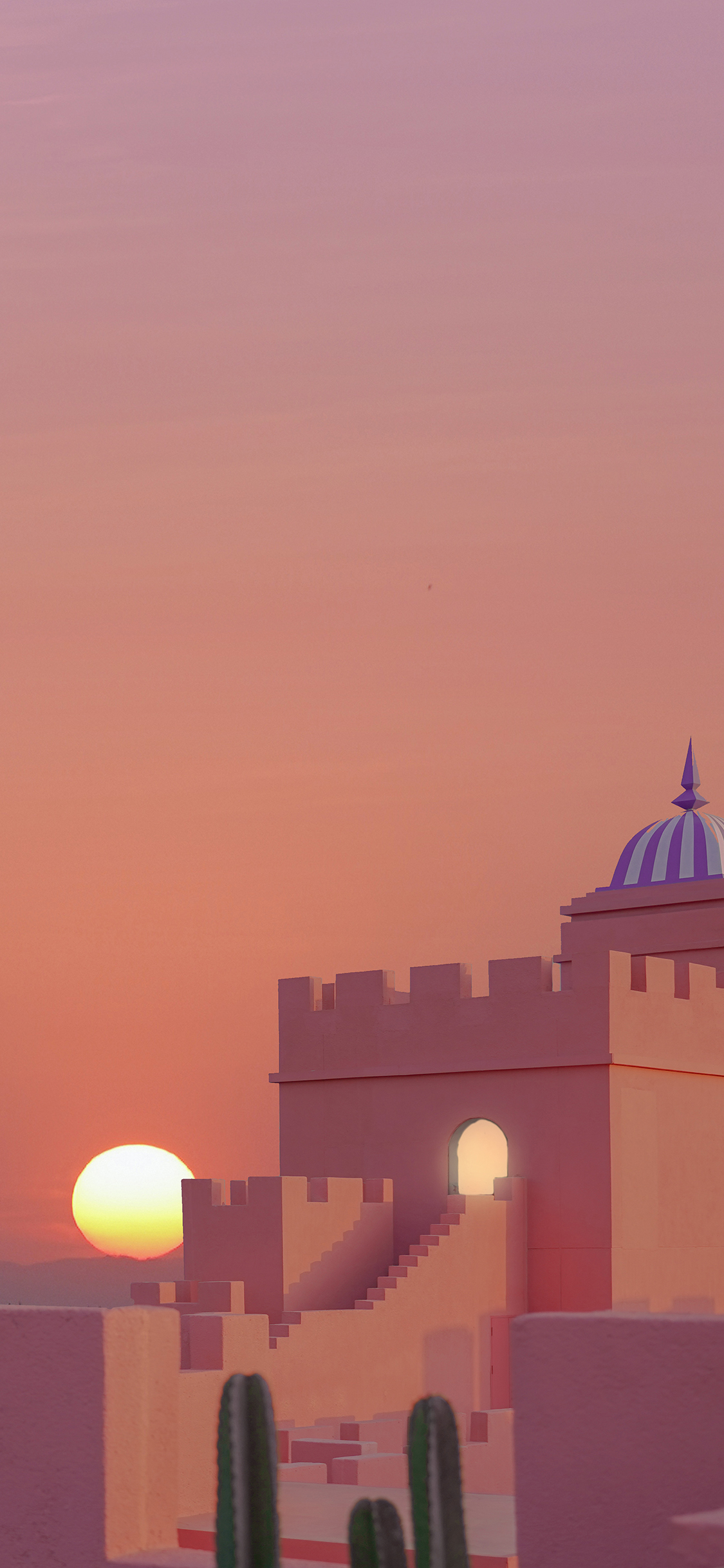 [2436×1125]日落 太阳 粉色 建筑 纪念碑谷 苹果手机壁纸图片