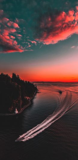 [2436x1125]日落 火烧云 河面 风景 苹果手机壁纸图片