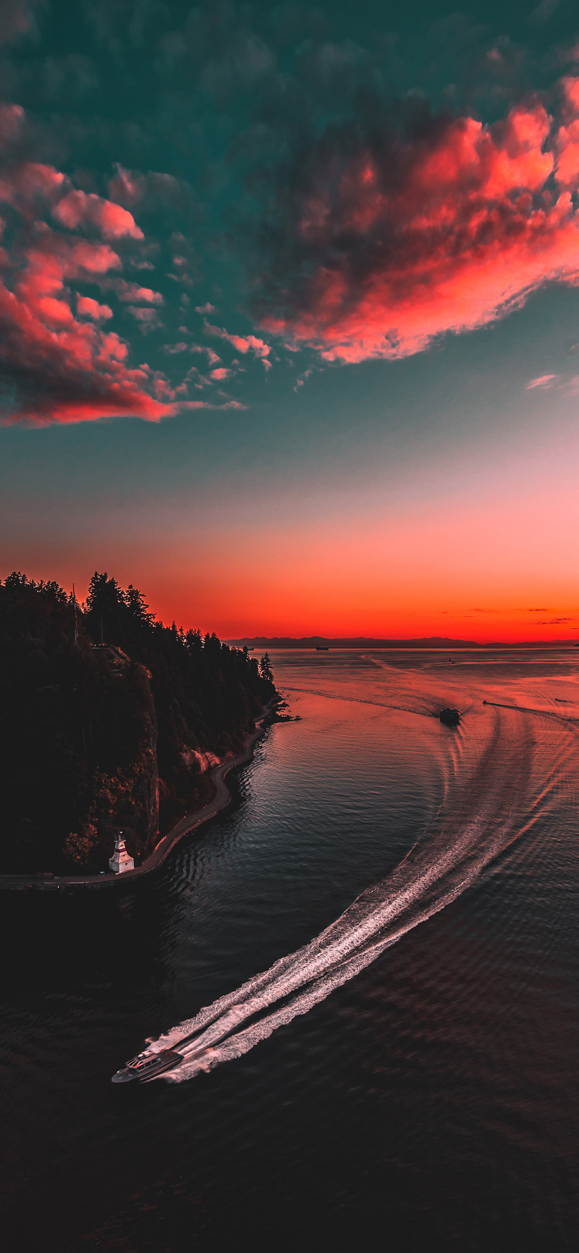 [2436×1125]日落 火烧云 河面 风景 苹果手机壁纸图片