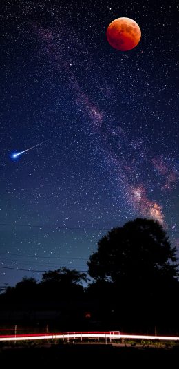 [2436x1125]星空 夜景 流星 月亮 苹果手机壁纸图片