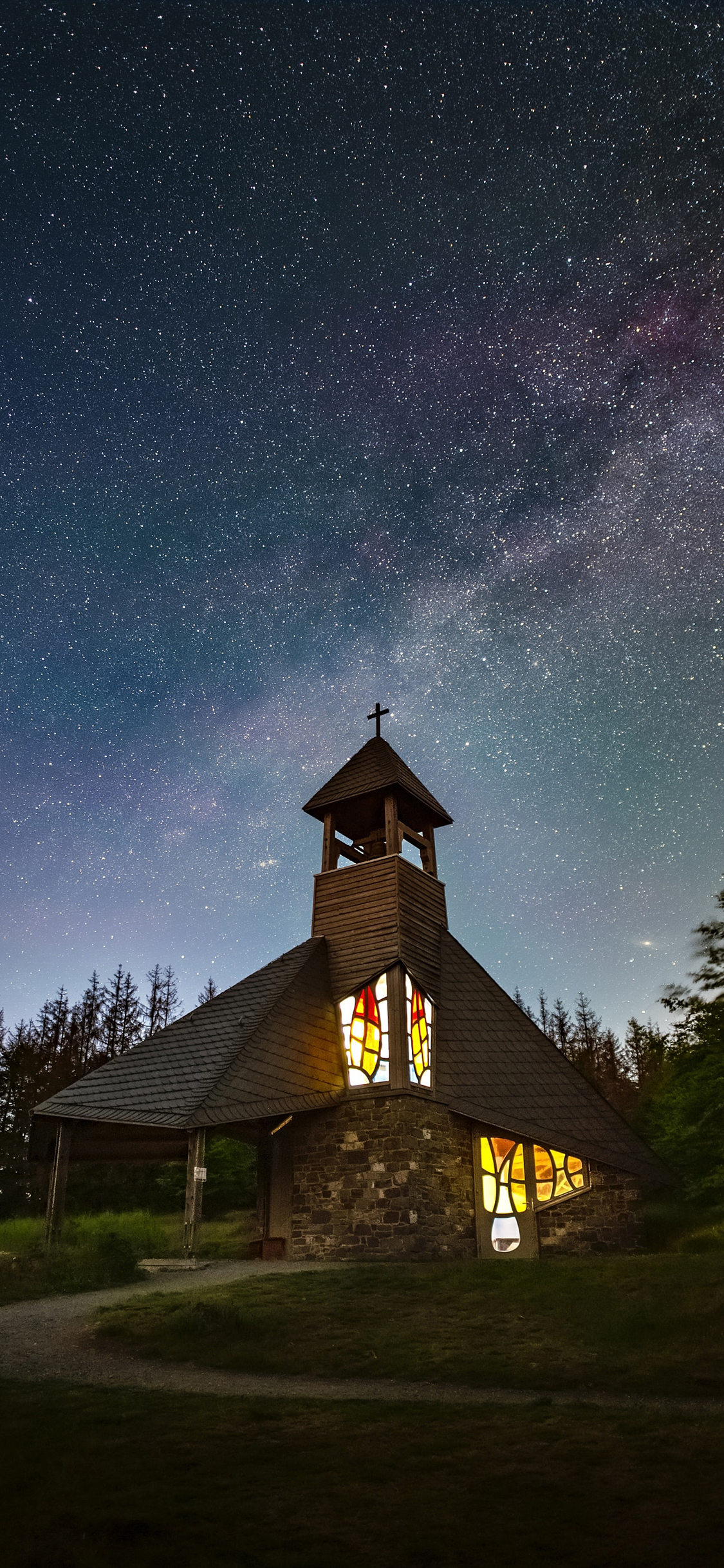 [2436×1125]星空 夜空 建筑 房子 苹果手机壁纸图片
