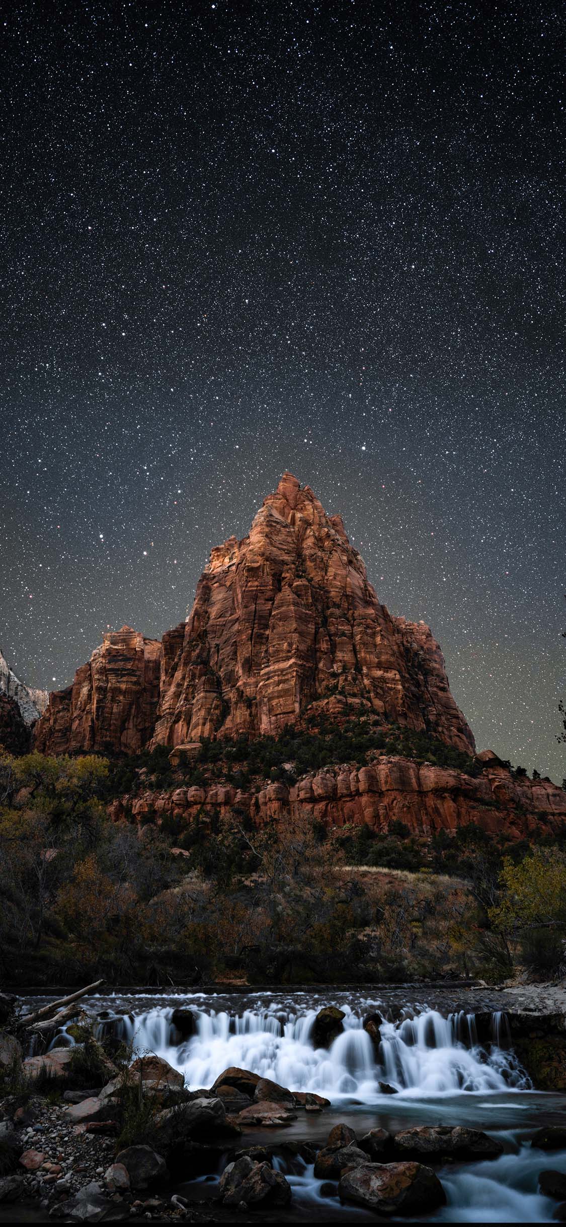 [2436×1125]星空 山峰 瀑布 美景 自然 苹果手机壁纸图片
