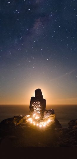 [2436x1125]星空 广阔 夜晚 背影 晨曦 苹果手机壁纸图片