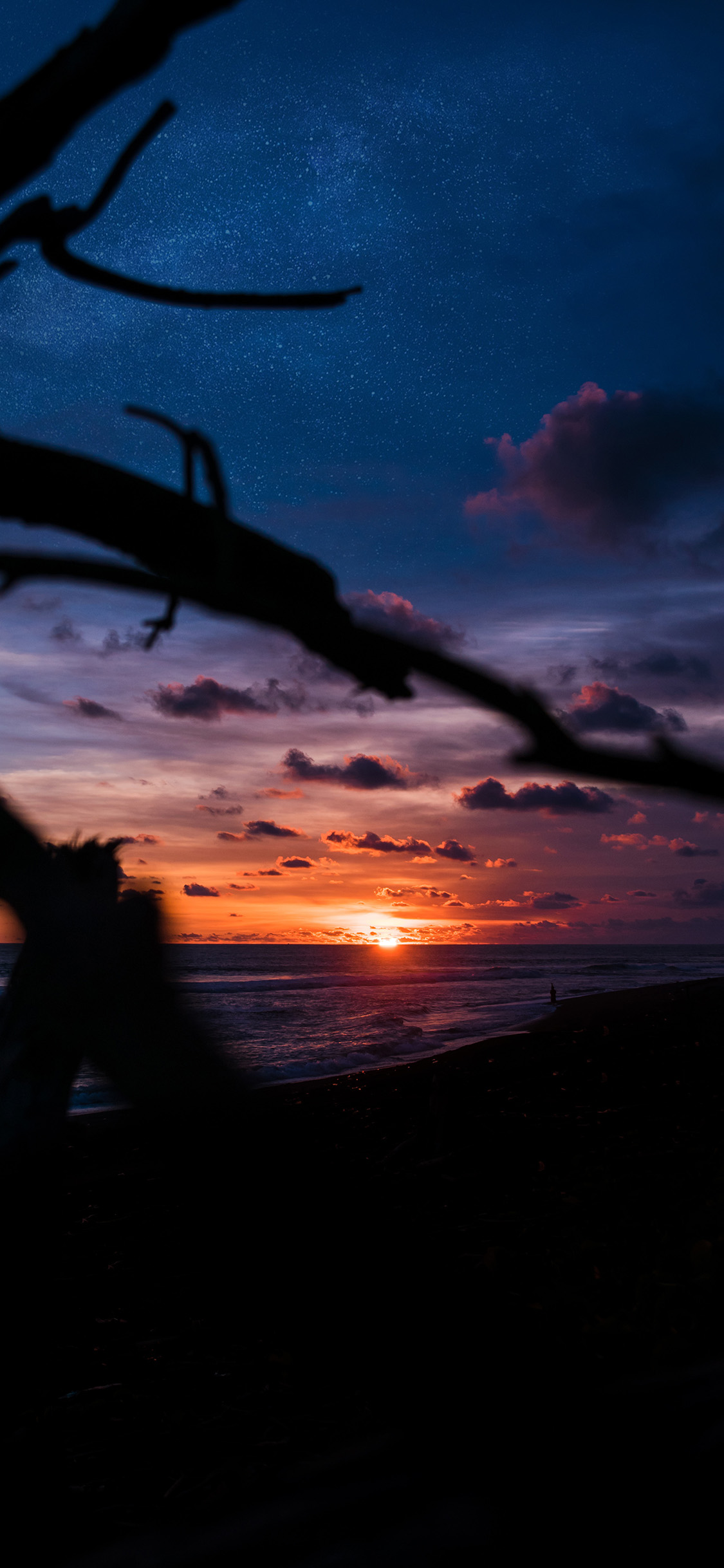 [2436×1125]星空 海面 夕阳美景 苹果手机壁纸图片
