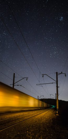 [2436x1125]星空夜景 火车道 行驶 速度 苹果手机壁纸图片