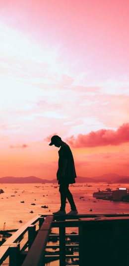 [2436x1125]晚霞 夕阳 男孩 城市 唯美 苹果手机壁纸图片
