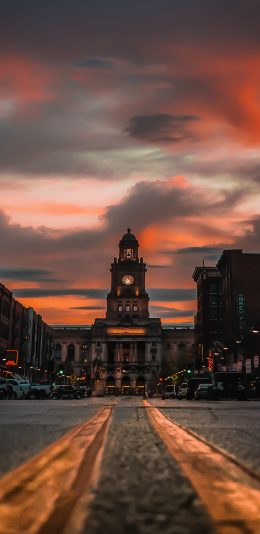 [2436x1125]晚霞 欧式建筑 钟楼 异域 苹果手机壁纸图片
