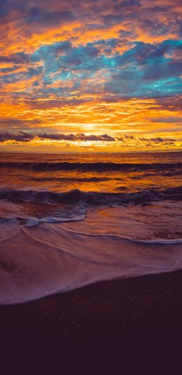 [2436x1125]晚霞 落日 唯美 大海 沙滩 苹果手机壁纸图片