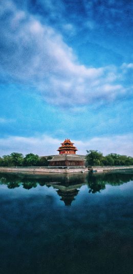 [2436x1125]景点 倒映 天空 建筑 国风 苹果手机壁纸图片