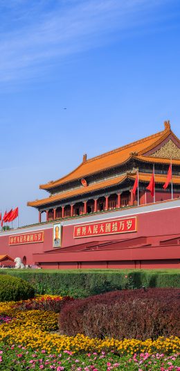 [2436x1125]景色 天安门 花圃 北京 建筑 苹果手机壁纸图片