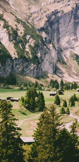 [2436x1125]景色 村庄 高山 树木 苹果手机壁纸图片