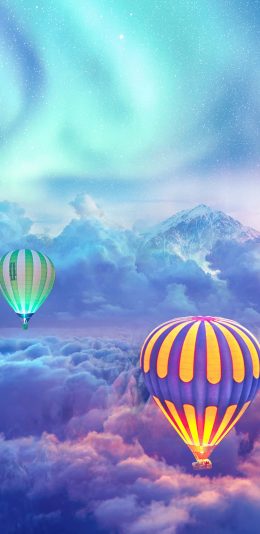 [2436x1125]景色 热气球 极光  云层 苹果手机壁纸图片