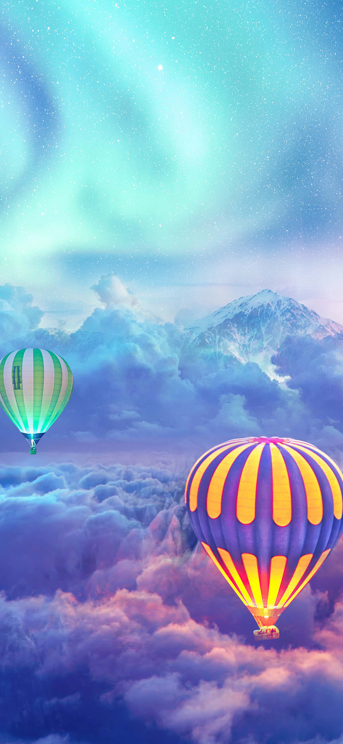 [2436×1125]景色 热气球 极光  云层 苹果手机壁纸图片