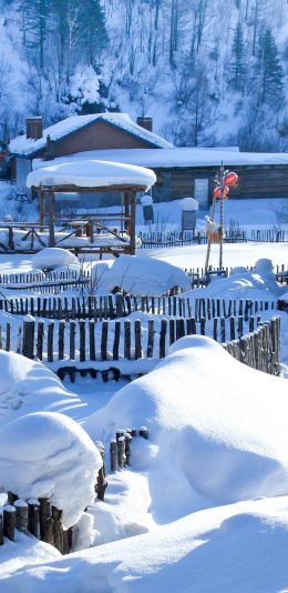 [2436x1125]景观 白雪覆盖 村屋 栅栏 苹果手机壁纸图片