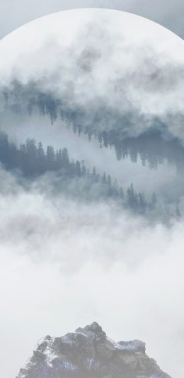[2436x1125]月亮 月球 山 云雾 朦胧 苹果手机壁纸图片