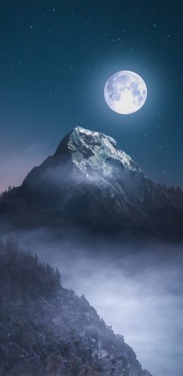 [2436x1125]月光 月圆 夜晚 星空 山峰 苹果手机壁纸图片