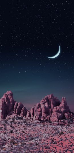 [2436x1125]月夜 月亮 月牙 夜晚 荒漠 苹果手机壁纸图片