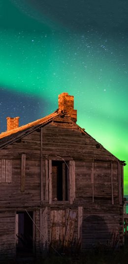 [2436x1125]极光 自然 美景 小木屋 苹果手机壁纸图片