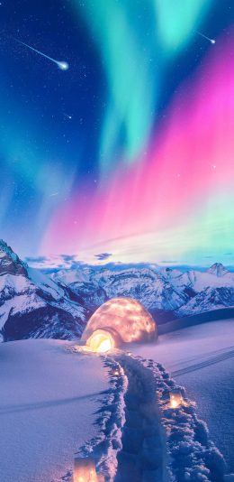 [2436x1125]极光 雪地 雪山 流星 苹果手机壁纸图片