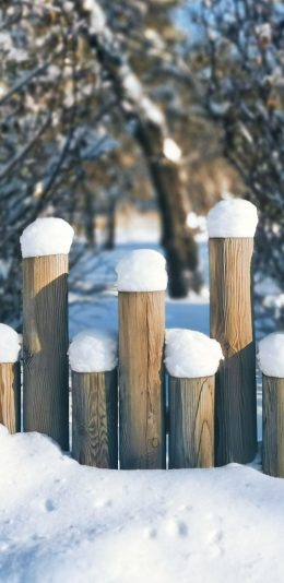 [2436x1125]栅栏 木桩 雪季 堆积 苹果手机壁纸图片