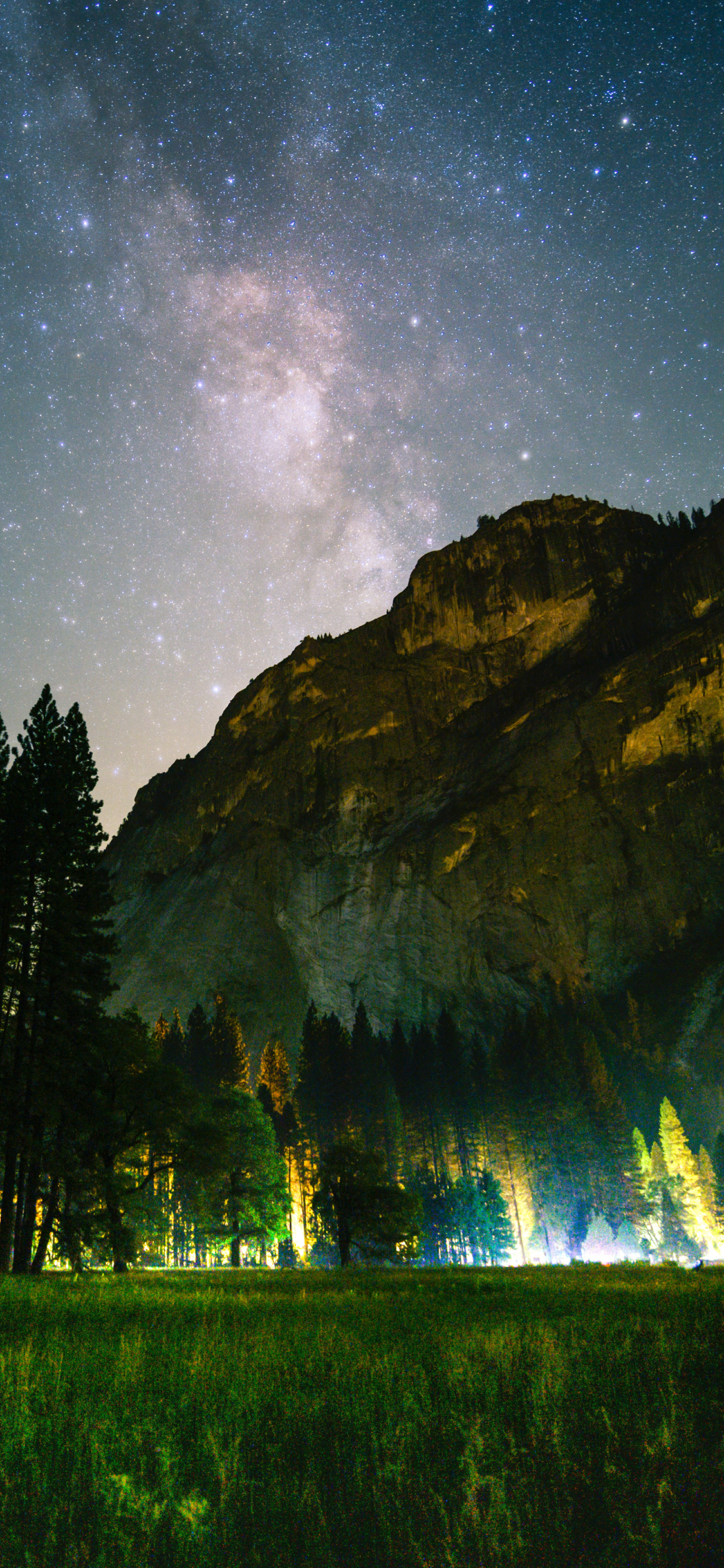 [2436×1125]树林 夜晚 星空 灯光 苹果手机壁纸图片