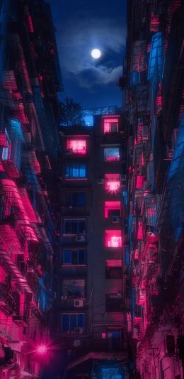 [2436x1125]楼房 住宅 夜晚 月亮 灯光 苹果手机壁纸图片