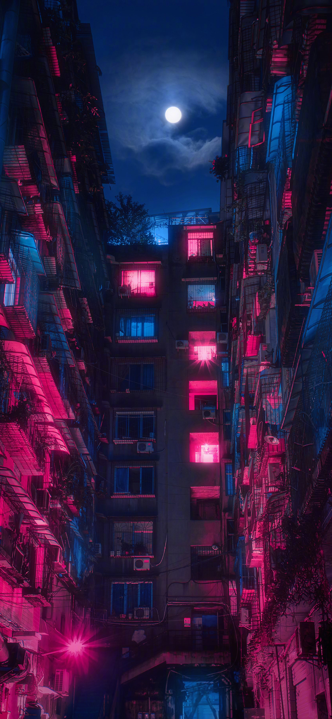 [2436×1125]楼房 住宅 夜晚 月亮 灯光 苹果手机壁纸图片