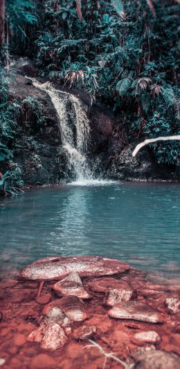 [2436x1125]池塘 瀑布 石块 树林 苹果手机壁纸图片
