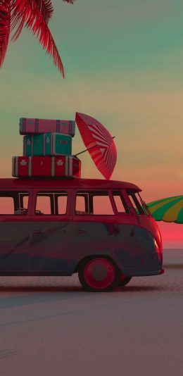 [2436x1125]沙滩 巴士 面包车 行李箱 海边 雨伞 苹果手机壁纸图片