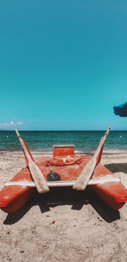 [2436x1125]沙滩 船 海滩 大海 船桨 苹果手机壁纸图片