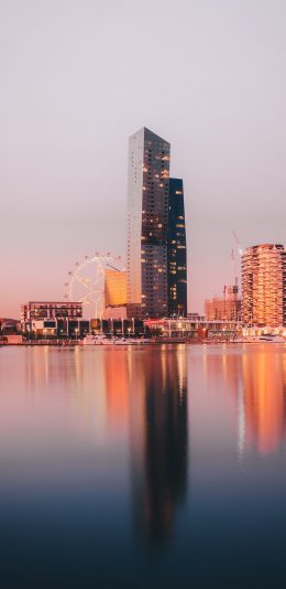 [2436x1125]河岸 江边 夕阳 城市 建筑 摩天轮 苹果手机壁纸图片