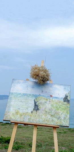 [2436x1125]油画 满天星 干花 画板 画架 海边 绘画 苹果手机壁纸图片