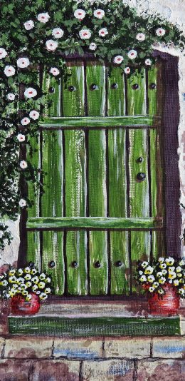 [2436x1125]油画作品 木门 鲜花 苹果手机壁纸图片