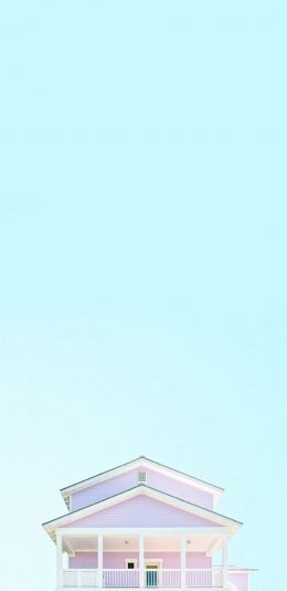 [2436x1125]浅蓝色天空小清新小房子 苹果手机壁纸图片