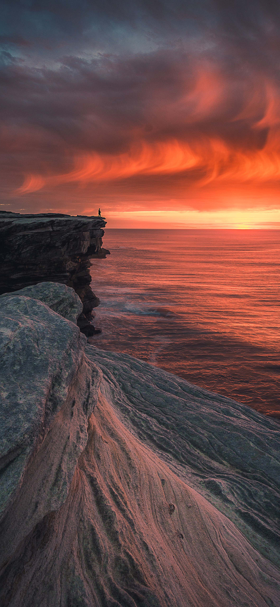 [2436×1125]海岸 夕阳 大海 礁石 苹果手机壁纸图片